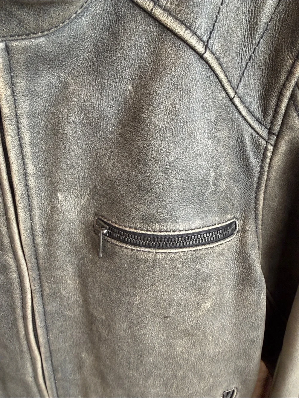 Distressed worn antique washed gray Rogue Leather biker moto motorcycle Jacket X